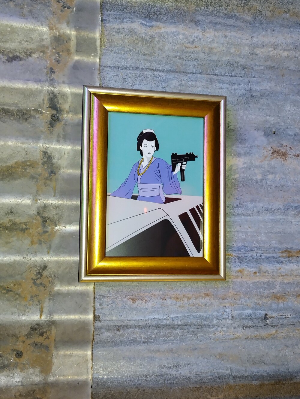 Geisha shooting uzi from Limo art print by Neon Nicho